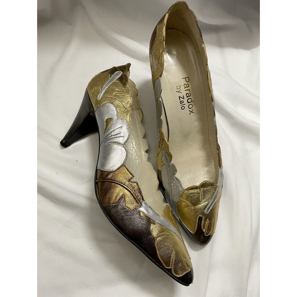Vintage 80s Paradox by Zalo Leather Leaf Heels Metalic Silver & Gold Sz 9M Spain
